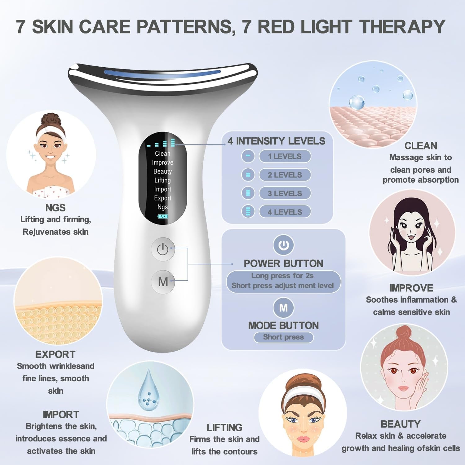 Face and Neck Massager Tool, Portable Facial Beauty Device, Facial Massager Wand with 7 Color Multifunction for Skin Care (Bright White)