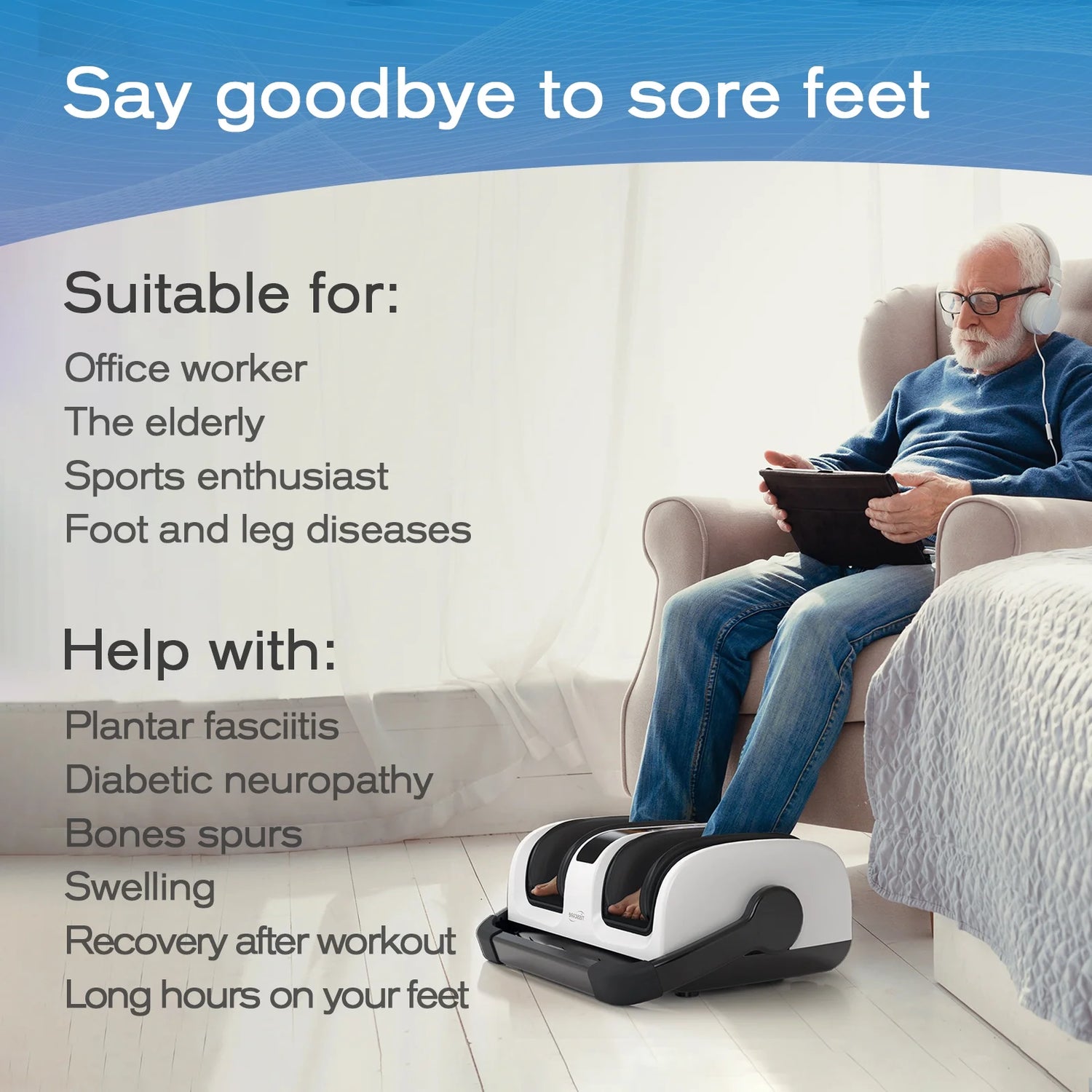 Foot Massager - Foot Massager Machine with Airbag Compression, Deep Kneading Therapy Improve Foot Wellness - White