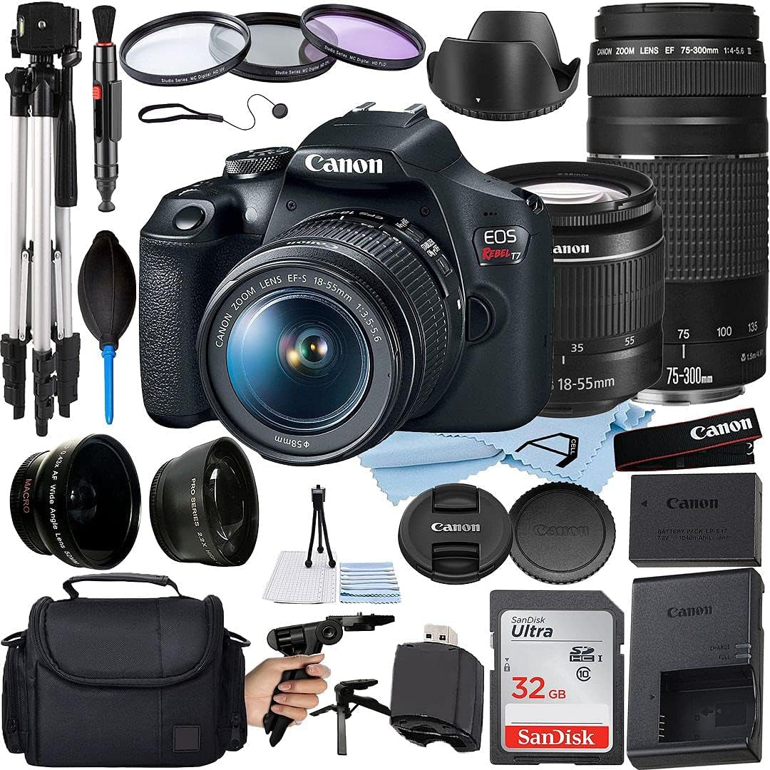 EOS Rebel T7 DSLR Camera 24.1MP with EF-S 18-55Mm + EF 75-300Mm Lens + A-Cell Accessory Bundle Includes: Telephoto + Wide Angle Lenses + Sandisk 32GB Memory Card + Much More