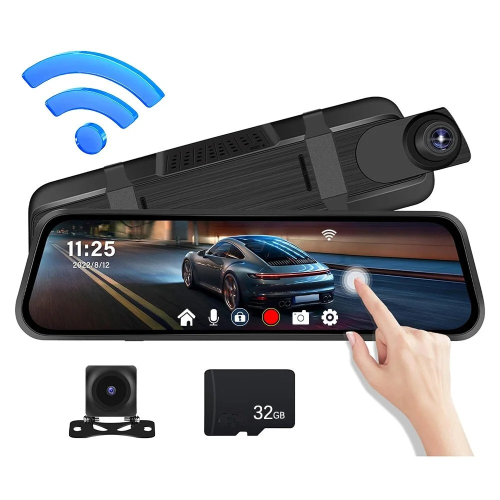 2.5K Mirror Dash Cam, 10" Rear View Mirror Camera, 1440P Front and 1080P Rear Camera with Wifi, Night Vision, Parking Assistance, Free 32GB Card
