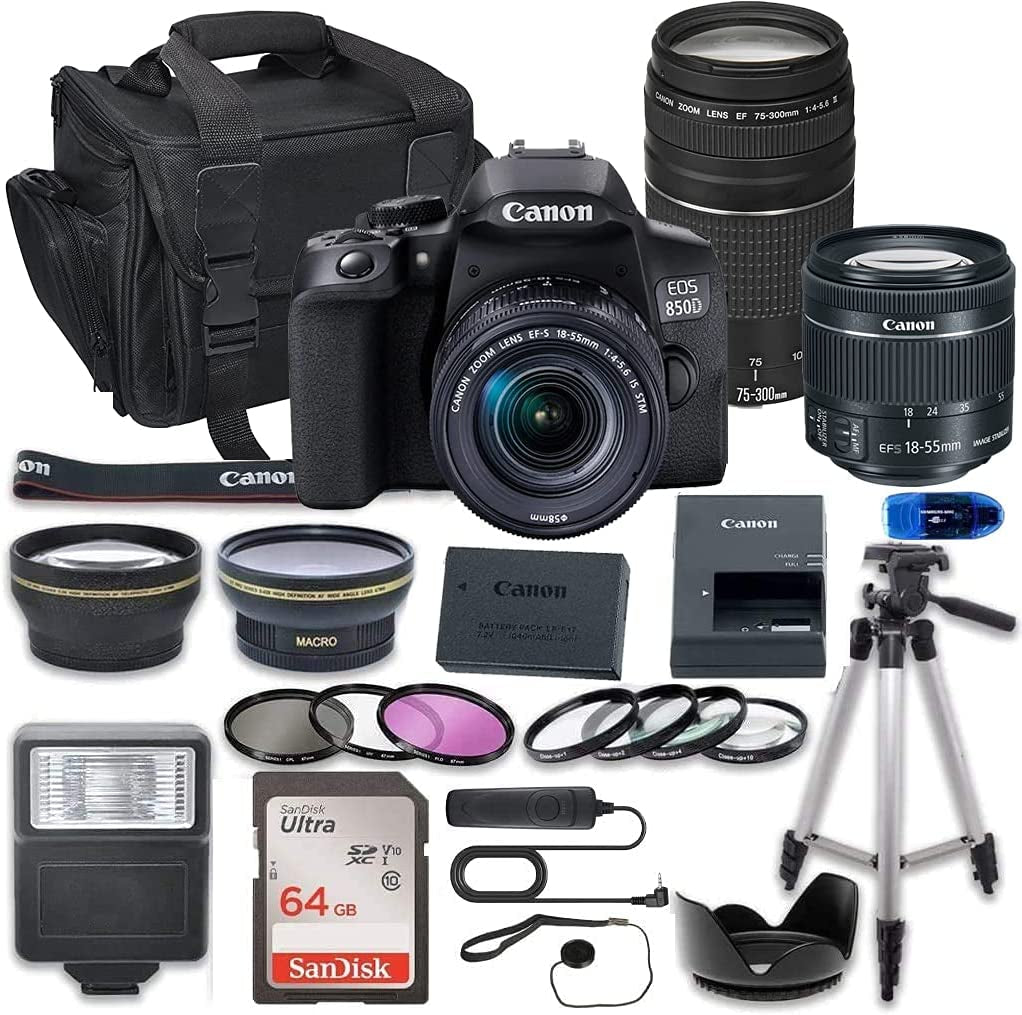 Canon EOS 850D (Rebel T8I) DSLR Camera Bundle with 18-55Mm STM & 75-300Mm III Lens Bundle + 64GB High Speed Memory Card + Accessory Kit